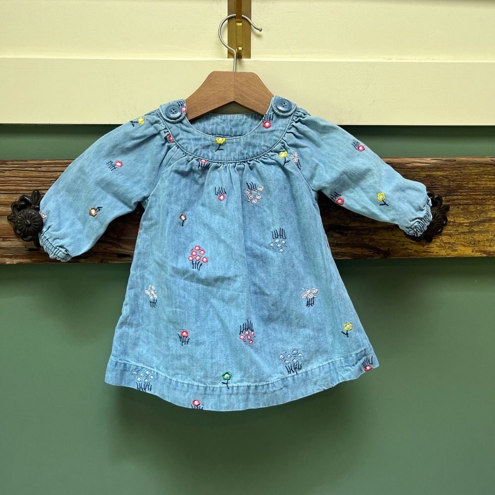 Hanna Andersson Baby Girls Blue Embroidered Floral Chambray Dress 3-6 Months